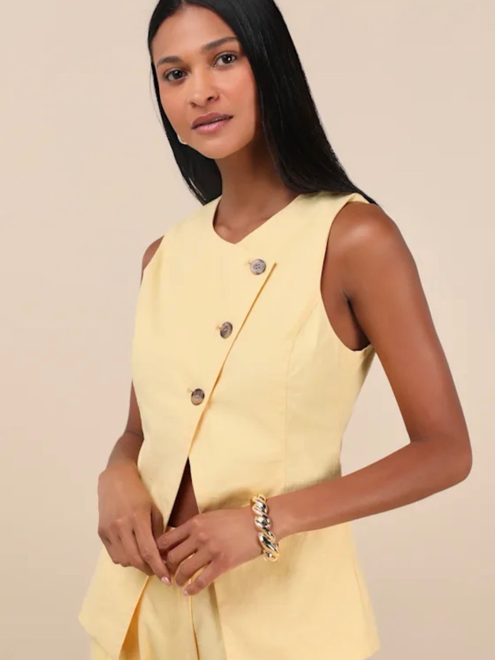 Natural Poise Yellow Linen Asymmetrical Vest Top